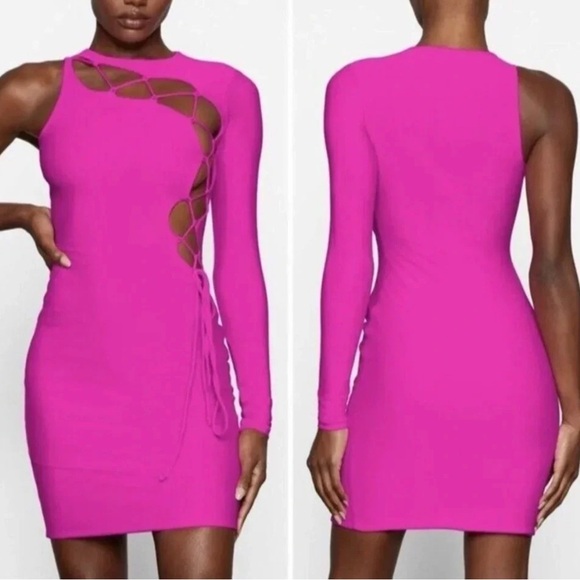 Skims fuchsia hot pink lace up one arm bodycon mini dress - Picture 2 of 5
